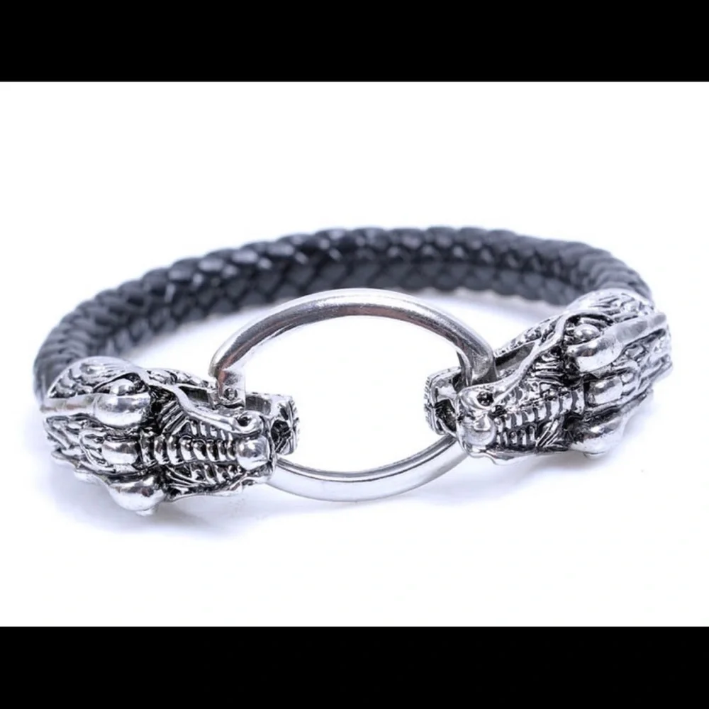 Double Python Silver Ring In Mouth Steel Black Braided Bracelet!